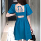 Women's Summer Dress Square Neck Thin Puff Sleeves Solid Color A-Line Skirt