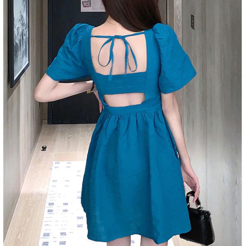 Women's Summer Dress Square Neck Thin Puff Sleeves Solid Color A-Line Skirt