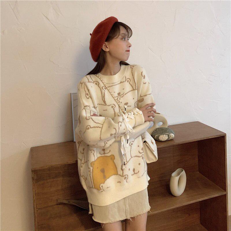 Harajuku Korea Funny Cartoon Long Sleeve Knit Sweater Women Autumn Sweet Loose Turtleneck Fashion Casual Women Sweater