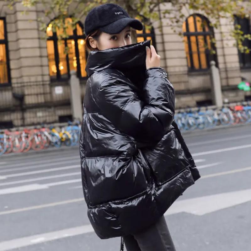 Women's Shiny Short Down Jacket Winter Korean Style Loose Quilted Jacket Casual Stand-collar Padded Jacket