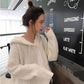 Pofulove Autumn Winter Solid Color Loose Korean Twist Hooded V-neck Sweater Women's Base Shirt