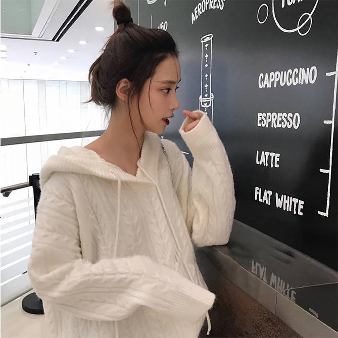 Pofulove Autumn Winter Solid Color Loose Korean Twist Hooded V-neck Sweater Women's Base Shirt