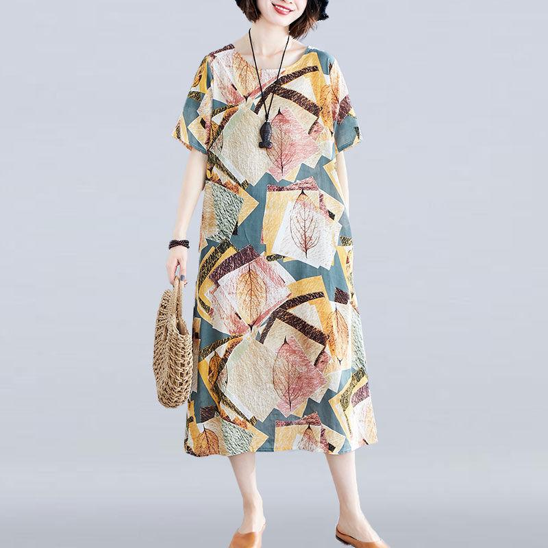 Women's Summer Dress Literary Retro Large Size Printing Round Neck Pocket Loose and Thin Cover Belly