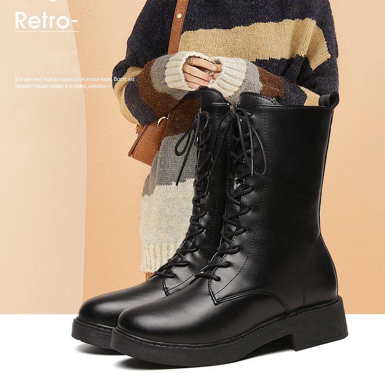 Women's Boots Winter Shoes Black Leather Fur Boots Plush Warm Ankle Booties Platform Chunky Boots Fashion Designer