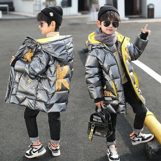 Boys Winter Down Padded Jacket Children's Autumn and Winter Bright Surface Thickened Padded Jackets To Overcome The Big Children's Fashion Coat