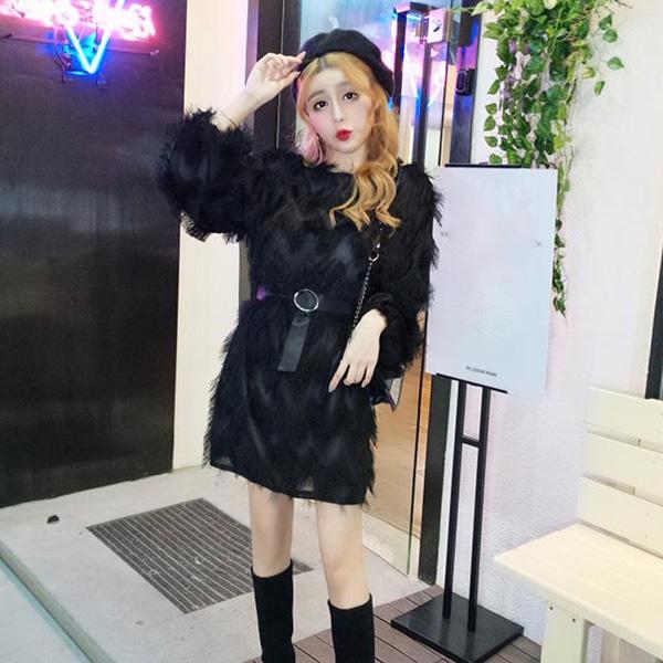 Autumn and Winter Lantern Sleeve Tunic Sweater Fringed Round Neck Dress