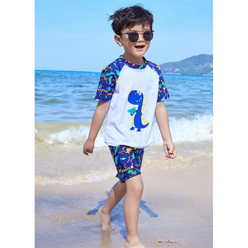 Children's Cartoon Dinosaur Printed Swimsuit Baby Boy Cartoon Separate Swimwear Summer Short-sleeved Swimming Trunks Suit Swimming Cap