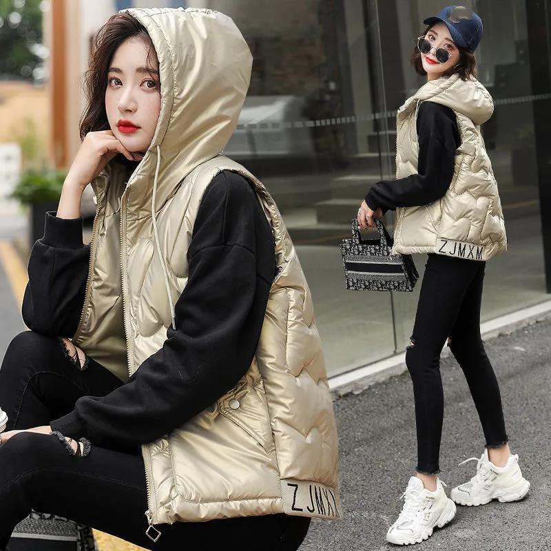 Winter Ladies Hooded Down Vest Jacket Fashion Glossy Down Cotton Sleeveless Jacket Thicken Warm Winter Vest