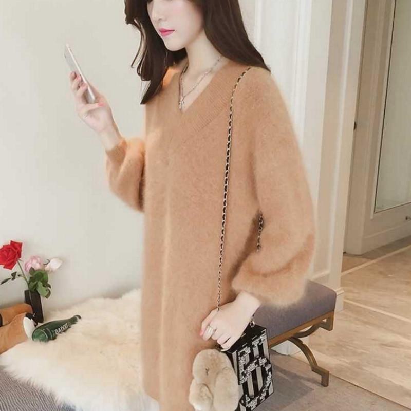 Pofulove long loose knitted base shirt autumn and winter new women's v-neck imitation mink sweater