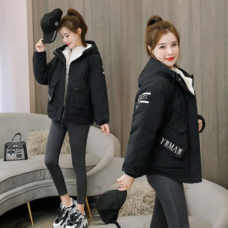 Winter Women's Parker Down Jacket Korean Fashion Printing Plus Velvet Thick Warm Hooded Down Cotton Jacket