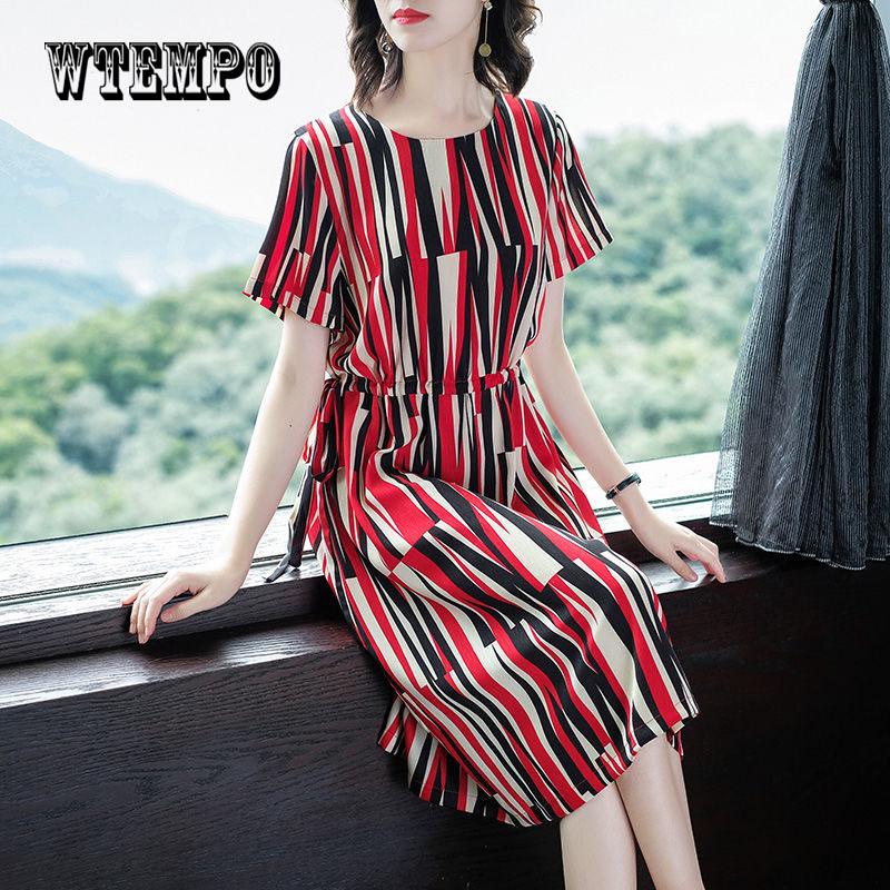 WTEMPO 2019 New Summer Fashion Waist Slim Dress Arge Size Round Neck Short -Sleeved Striped Dresses