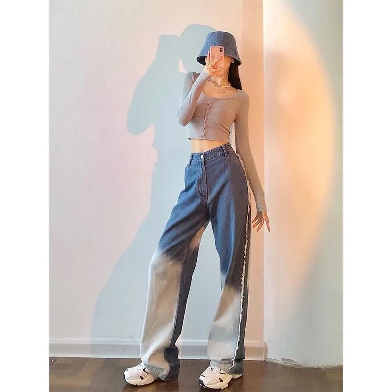 European and American High Street Vibe Pants Women's American Retro Large Size Design Straight Loose Wide Leg Jeans Trendy
