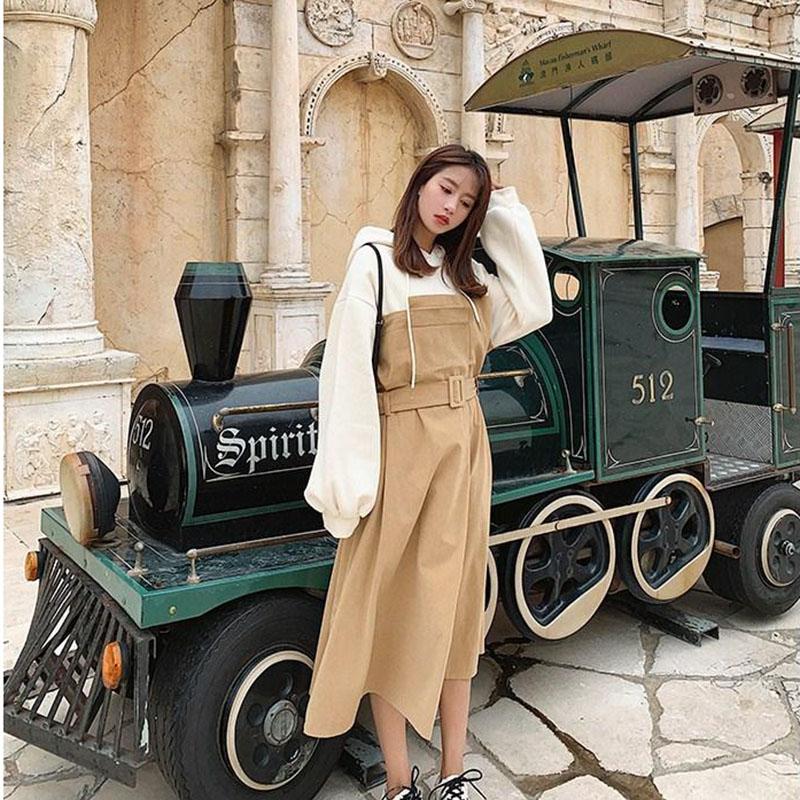 S-XXL Mid-calf Sweater Dress with Belt Women Spring and Autumn Plus Size Hooded Long Sleeve Loose Dress Thicken Cotton