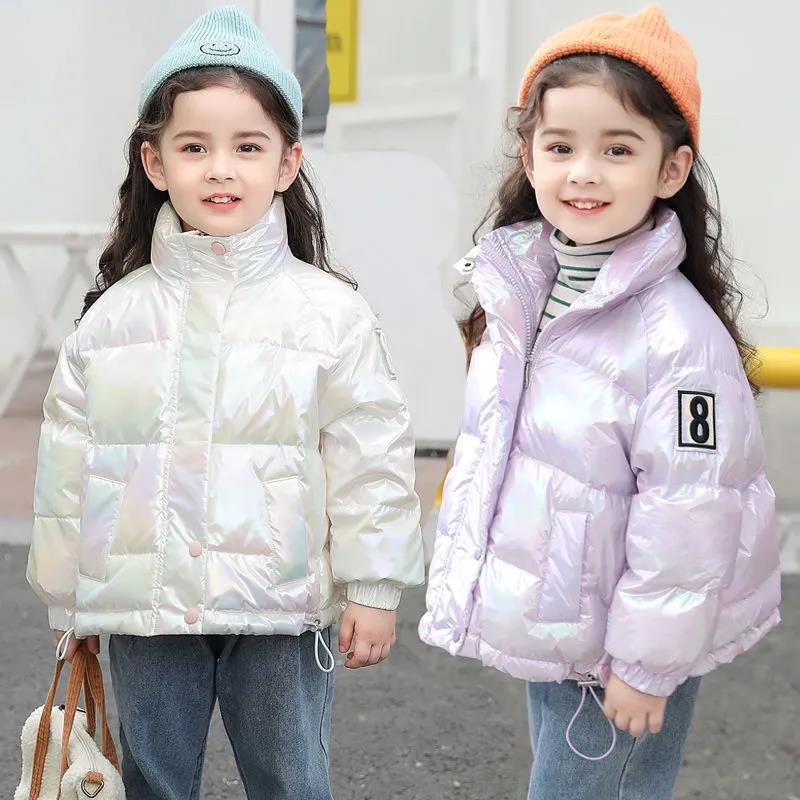 Girls' Shiny Warm and Windproof Cotton Jacket Fleece Padded Hooded Winter Padded Jacket