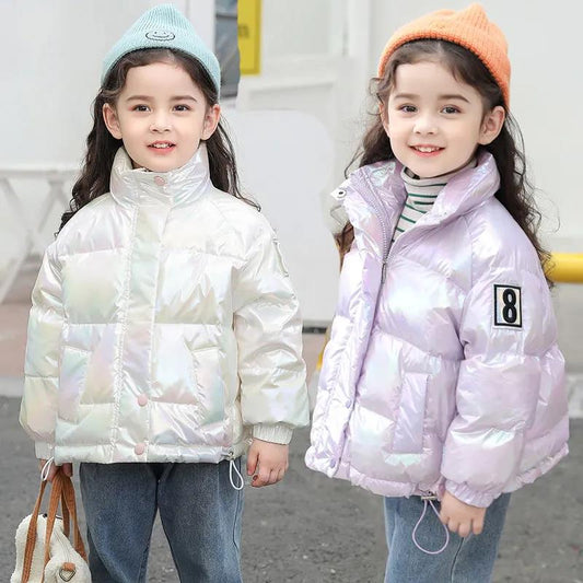 Girls' Shiny Warm and Windproof Cotton Jacket Fleece Padded Hooded Winter Padded Jacket