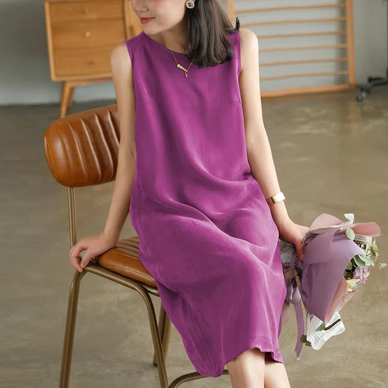 Women's Short Sleeve Dress Summer Loose Large Size Mid Length Round Neck Solid Color Skirt