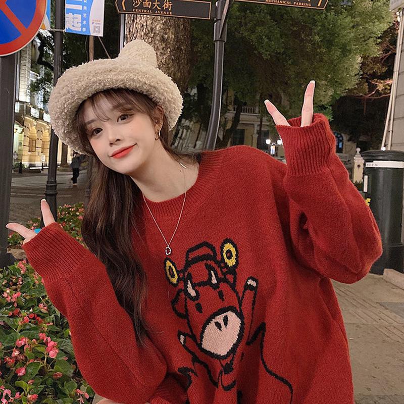 Outer Wear Printed Sweater Loose Casual Fashion Round Neck Long Sleeve Women All-match Red Knit Sweater Sweater Women Autumn Winter