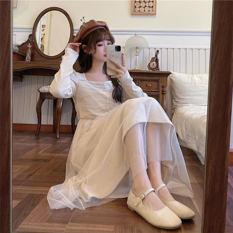 French Dress Korean Style Mid-length Long-sleeved Square Neckline Mesh  Receiving Waist Slim Skirt