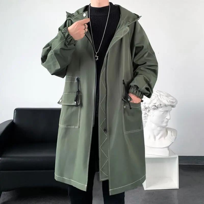 Mid-length Windbreaker Men's Trendy Hooded Coat Large Size Loose Youth Casual All-match Coat Jacket