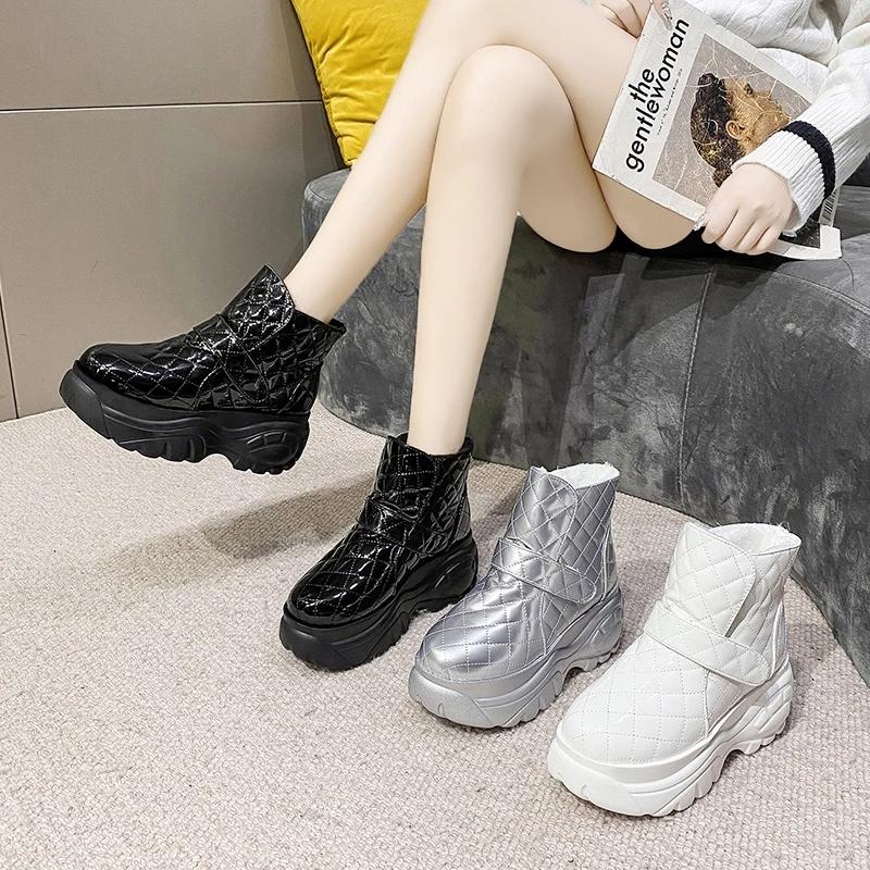 Platform Boots for Women Winter Shoes Black White Silver Patent Leather Snow Boots Ankle Booties Warm Chunky Flat Boots