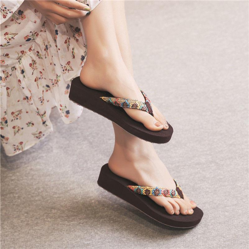 Slippers Female Summer Wear Thick Bottom Flip Flops Ladies Anti-skid Clip Feet Increase Seaside Beach Sandals and Slippers
