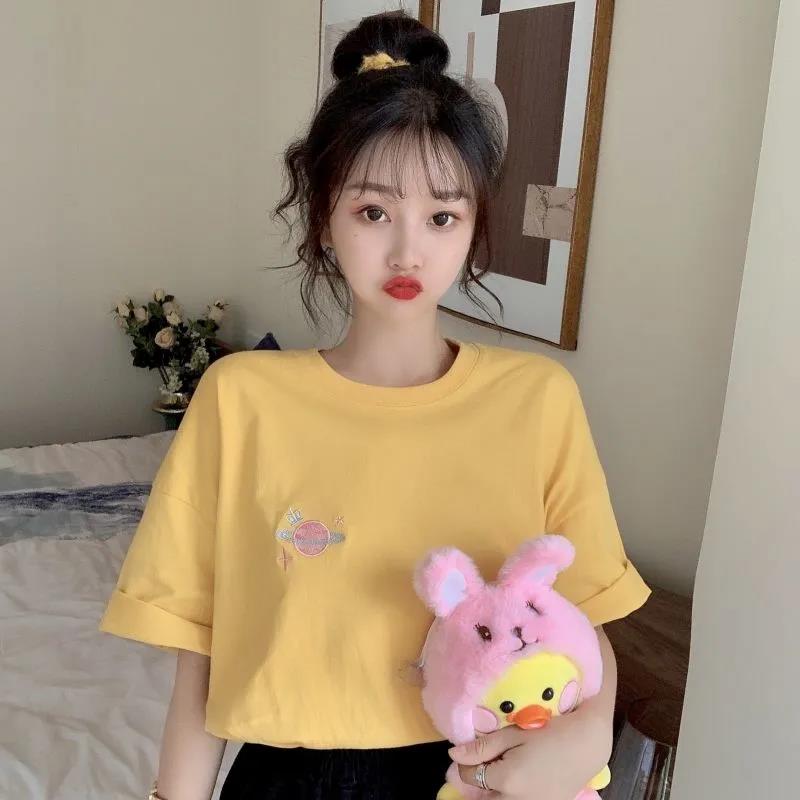 Solid Color Round Neck T-shirt Summer Planet Embroidery Loose Breathable Women's Tops Ladies Basic Tee Shirt