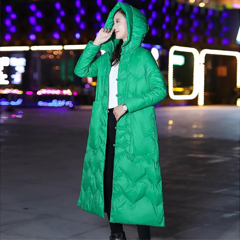 Long Down Jacket Retro Literary Print Hooded Cotton Jacket Lengthened Thick Loose Slit Windbreaker Jacket