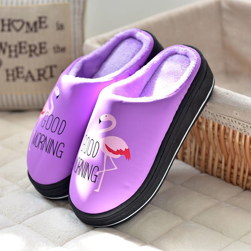 Autumn and Winter Women's PU Leather Waterproof Cotton Slippers Home Plus Velvet High-heeled Thick-soled Non-slip Warm Slippers