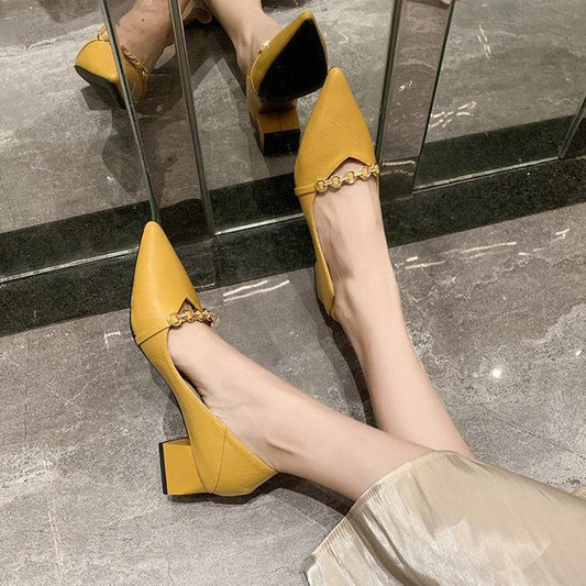 High Heels Women's Thick Heel Spring and Autumn All-match Pointed Toe Fashion Soft Leather Mid-heel Shoes