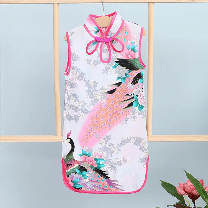 Children Dress Children's Tang Suit Girls Summer Thin Dress Cheongsam Printed Floral Cheongsam Chinese Style Sleeveless Dress