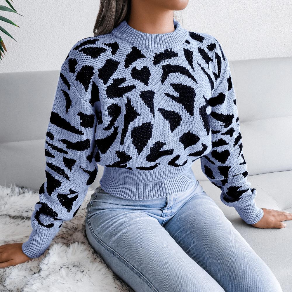 Sweater Women's Leopard Print Short Pullover Knitwear Cropped Top Trending Sweater Autumn and Winter European and American Style