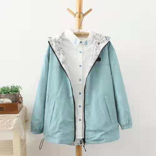Prettylan Women Jacket Coat Pocket Zipper Hooded Two Side Wear Cartoon Print Outwear