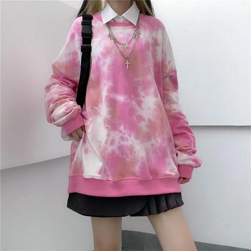 Tie-dye Sweatshirt Women's Mid-length O-neck Pullover Tops Spring  Autumn  Thin Long-sleeved Hoodies