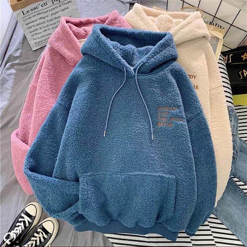 Winter Plus Velvet Thick Lamb Wool Sweater Women's Embroidered Hooded Student Jacket Loose Mid-length Warm Velvet Top