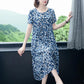 Women's Summer Short Sleeve Mid Length Floral Large Size Dress Slim A-line Skirt