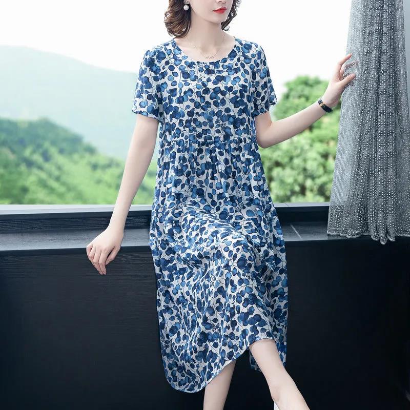 Women's Summer Short Sleeve Mid Length Floral Large Size Dress Slim A-line Skirt
