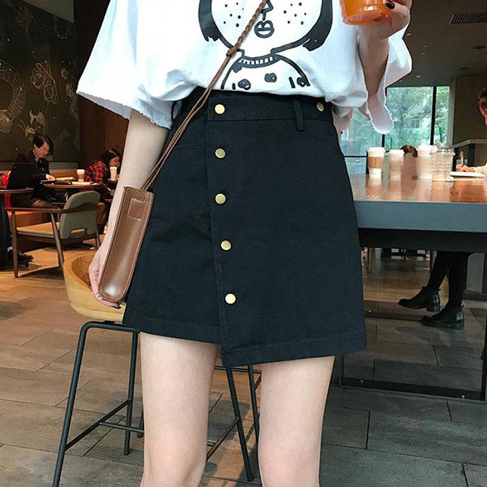 Women Summer High Waist Irregular Denim Skirt Student Anti-Light Thin Black A-line Short Skirt