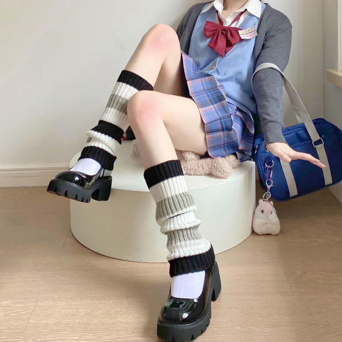 LOLITA Soft Sister Striped Piles Stockings Set Female Autumn and Winter Students Knit Thick Middle Tank Socks Japanese JK Leggings Set