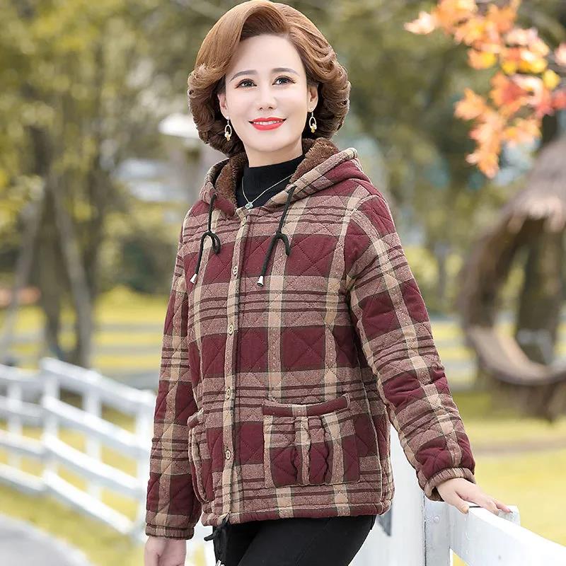 Winter Plus Velvet Cotton Jacket Women's Plaid Short Hooded Cotton Jacket Suitable for Middle-aged Women