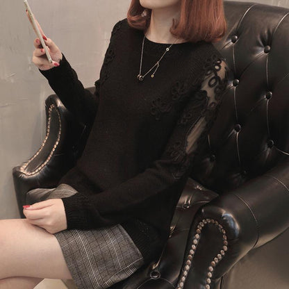 Spring and Autumn Hollow Base Shirt Loose Large Size Long Sleeve Top Fashion Simple Women's Sweater