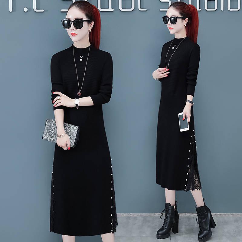Sweater Dress Female Long-sleeved Autumn Winter Thickened Over Knee Knitted Skirt Black Long Skirt