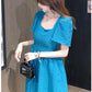 Women's Summer Dress Square Neck Thin Puff Sleeves Solid Color A-Line Skirt