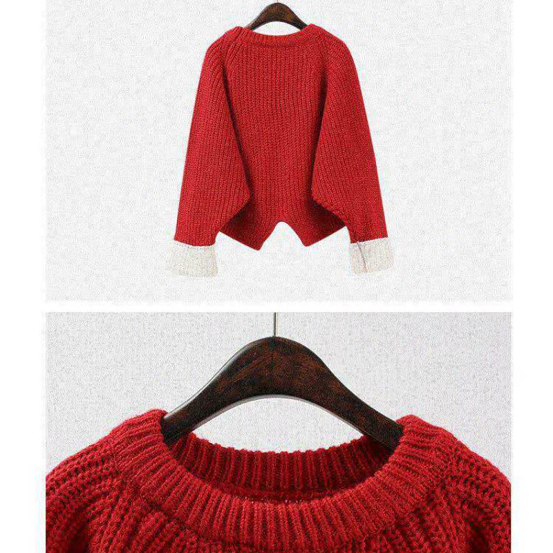Long Sleeve White Cuffs Knitted Shirt O-Neck Loose  Blouse Simple Color Christams