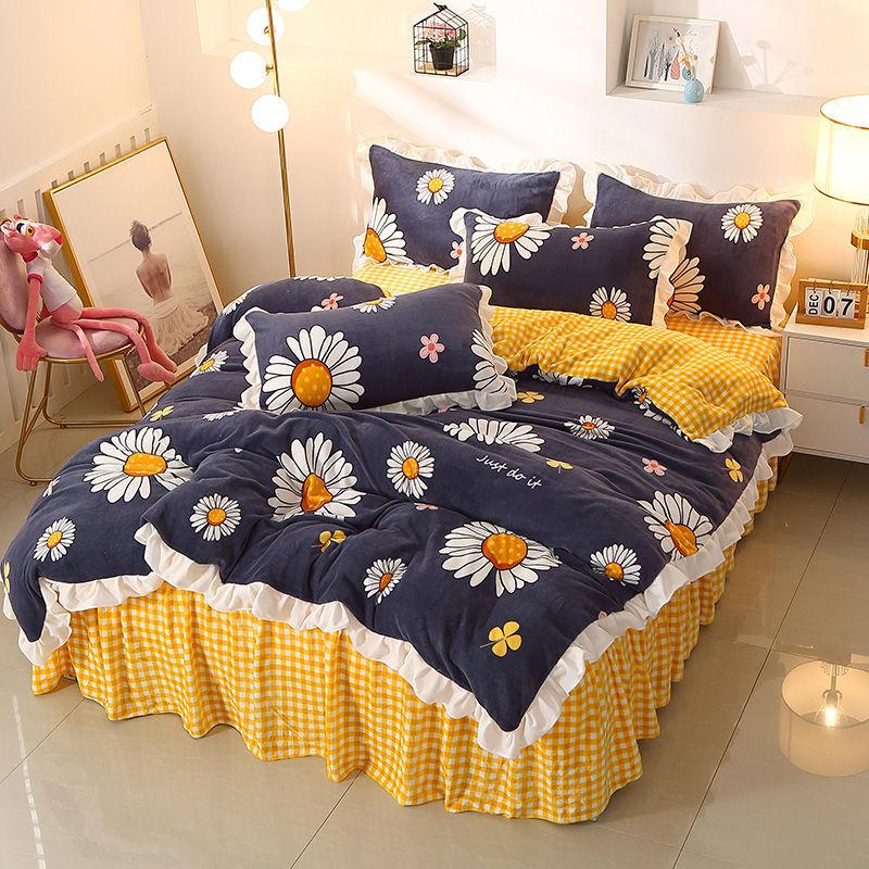 Thick Milk Velvet Four-piece Bed Skirt Quilt Cover Pillowcase Plus Velvet Warm Double-sided Quilt Cover Bedding Set