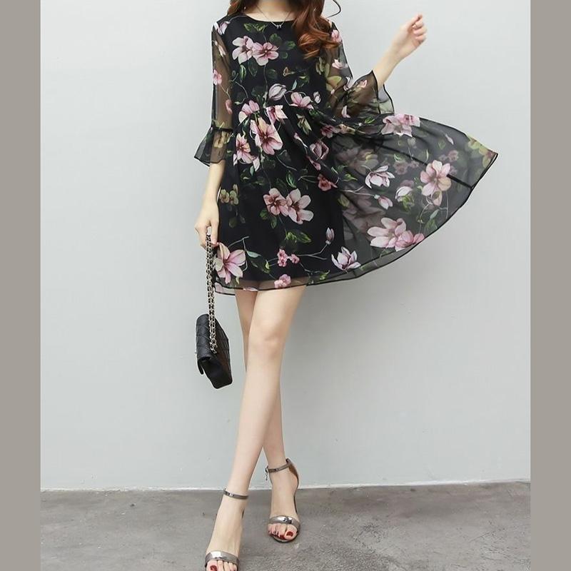 S-XXXXXL Chiffon Dress Loose Large Size Round Neck Flared Short Sleeve Summer Middle-aged Women's Dress