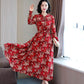 Spring and Autumn Chiffon Dress Long Sleeve Feminine Large Size Long Section Slim Fit Waist Thin Floral Skirt Women Can Be Worn Inside or Outside