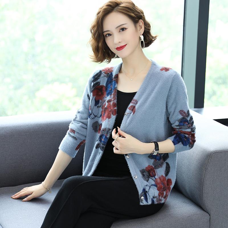 Autumn Winter Artificial Mink Cashmere Printed Knitted Cardigan Women's Short Sweater Coat Long-sleeved Loose Knitted Jacket