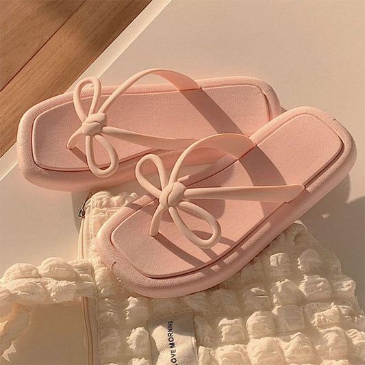 Fairy Wind Bow Flip-flops Female Summer Solid Color Outer Wear Soft Bottom Seaside Clip-on Beach Sandals and Slippers