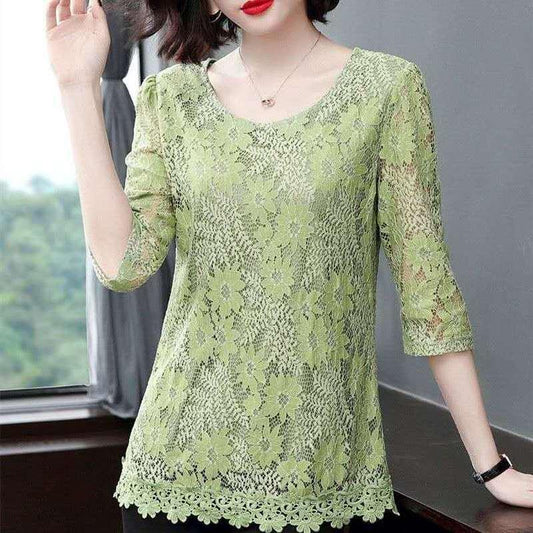 M-4XL Blouse Loose Round Neck 3/4 Sleeves Solid Color Fashion Shirt Plus Size Slim Fit Elegant Hollow Lace Shirt Top