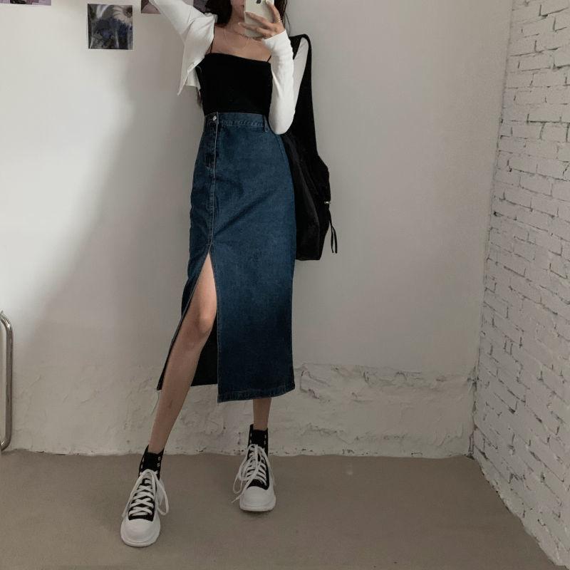 Women Sexy Sweet Solid Split Denim Skirt High Waist Over The Knee Hip Skirt Casual Club Home Office